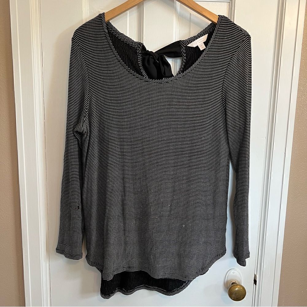 LC Lauren Conrad Womens Black Striped Long Sleeve Tie Bow Keyhole Back Blouse